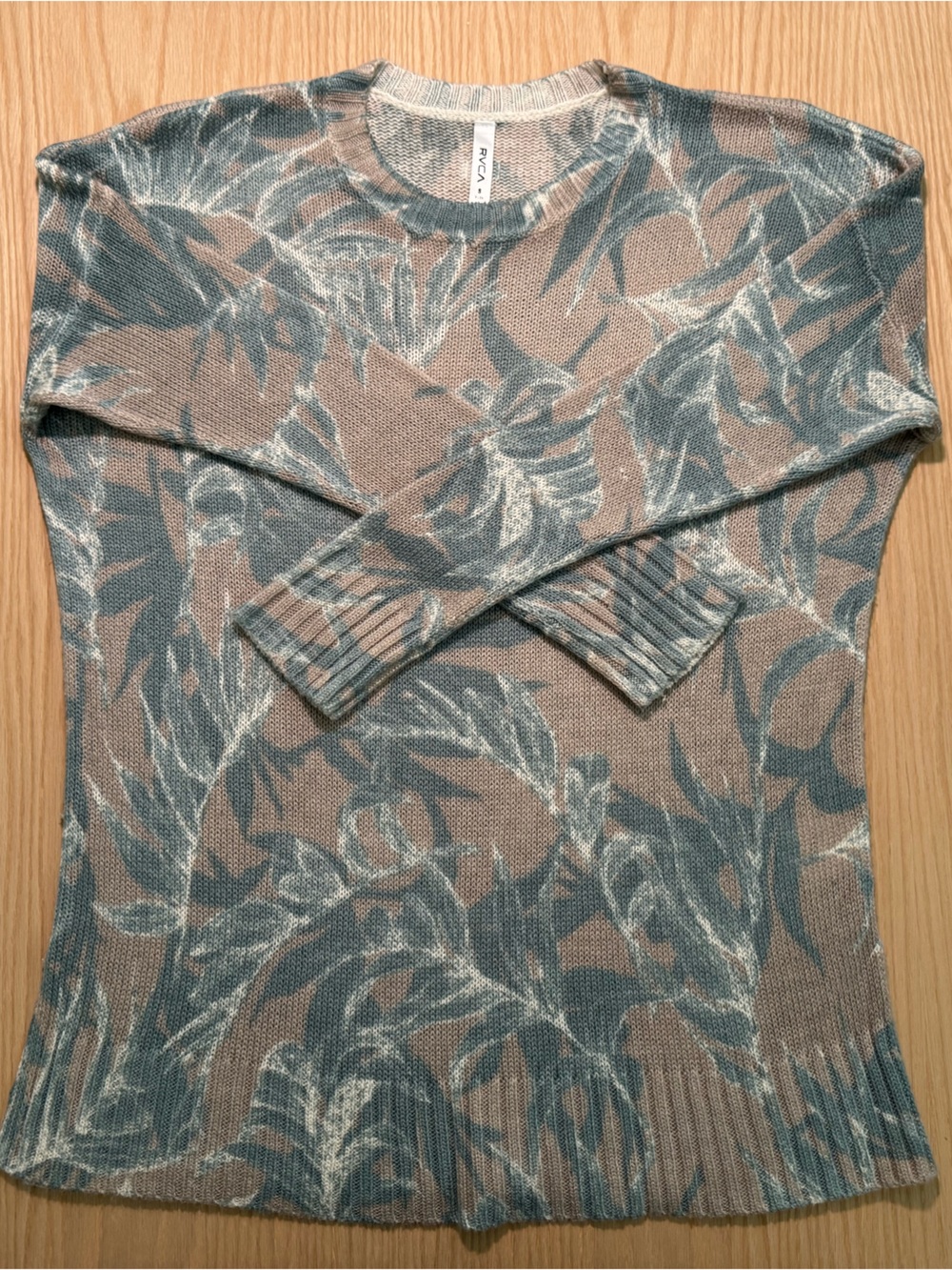 RVCA Leaf-Print Crewneck Sweater in Tan and Green